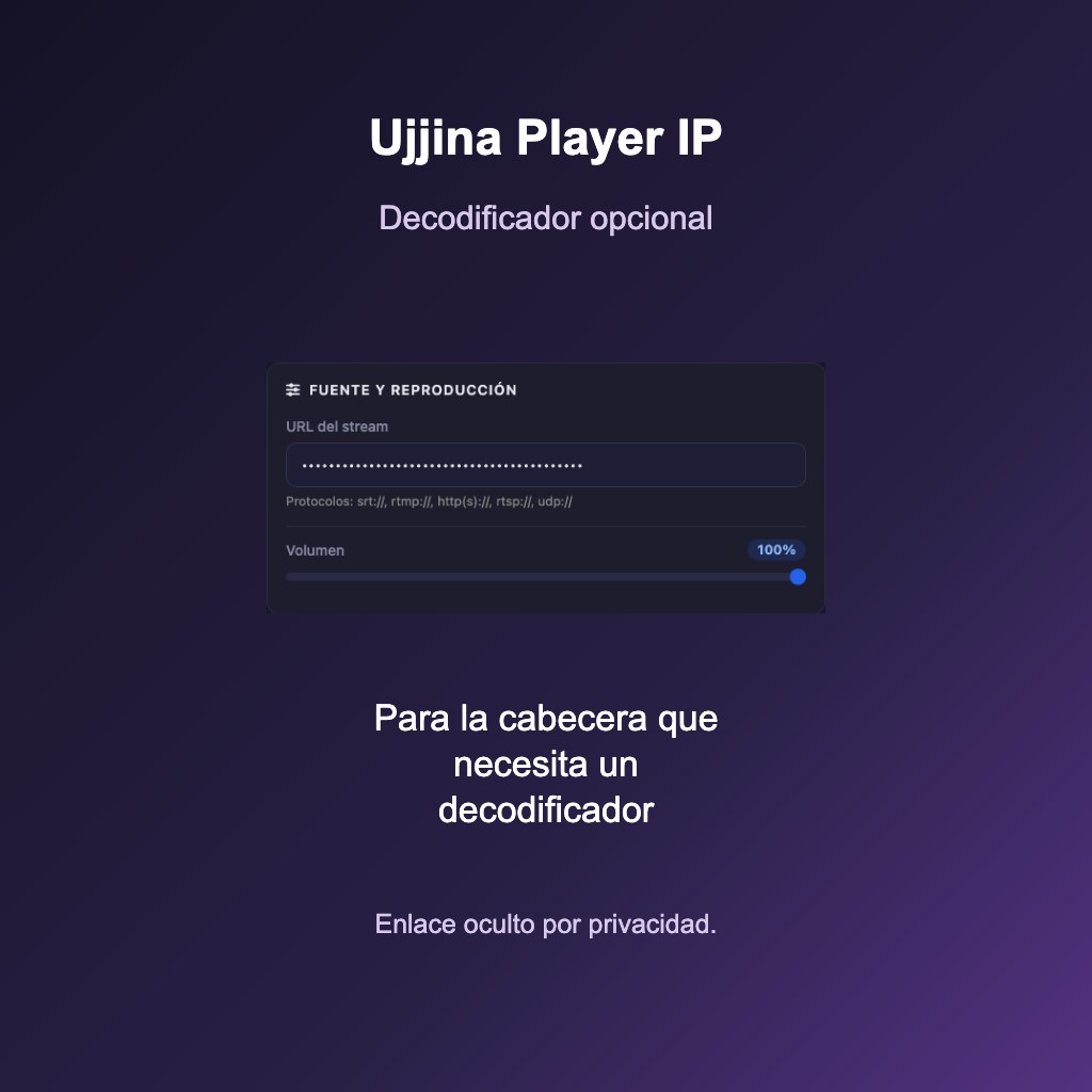 Ujjina Player IP es una opción de recepción cuando la cabecera necesita un decodificador. Captura real de su panel; el enlace está oculto por privacidad.