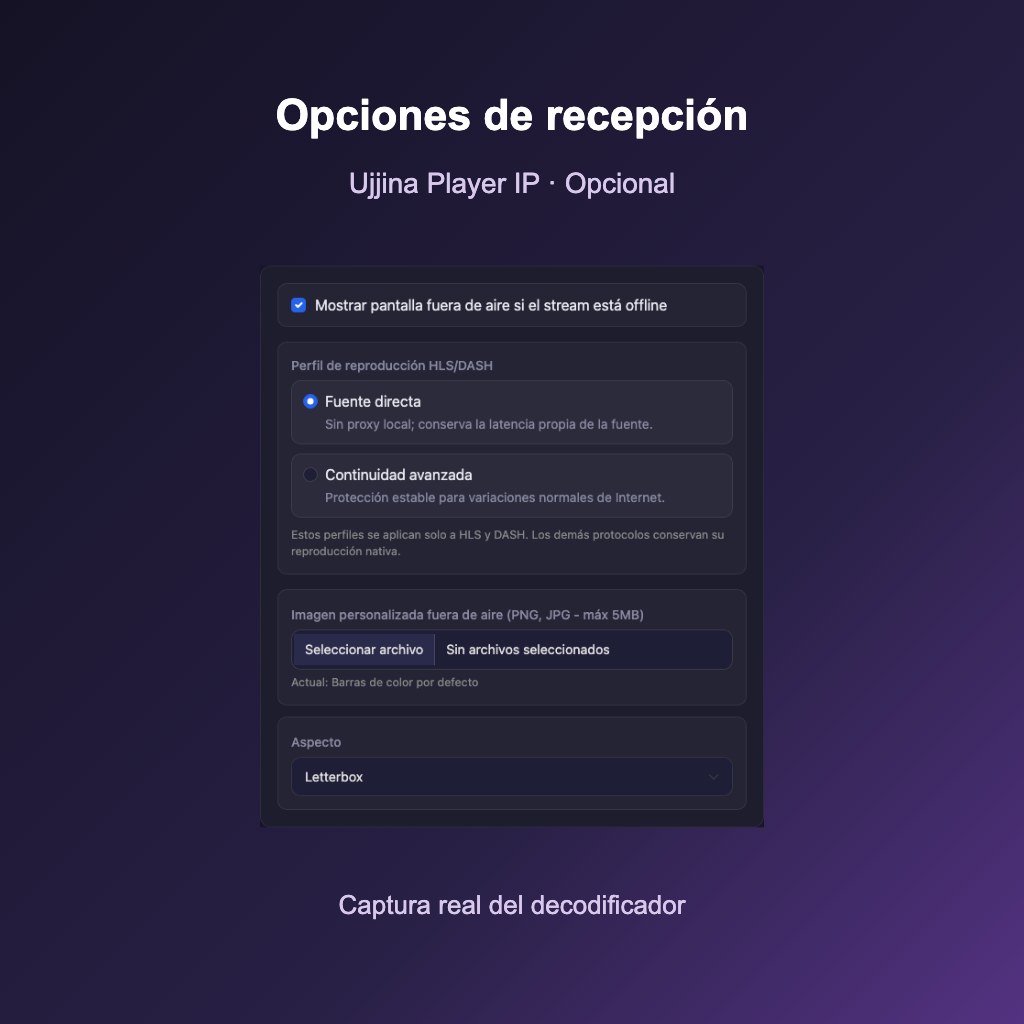 Captura real de las opciones de Ujjina Player IP. Estas funciones corresponden al decodificador opcional, no a un equipo incluido obligatoriamente con el servidor.